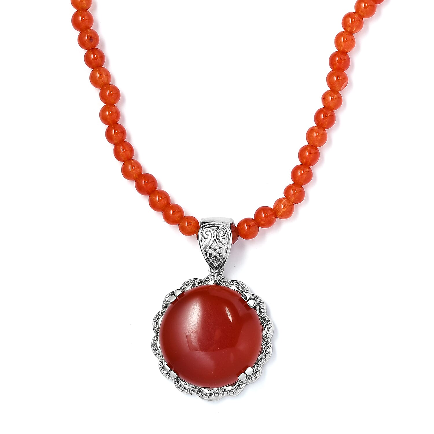 Red Onyx Pendant with Red Quartzite Beaded Necklace 20 Inches in Stainless Steel 83.35 ctw