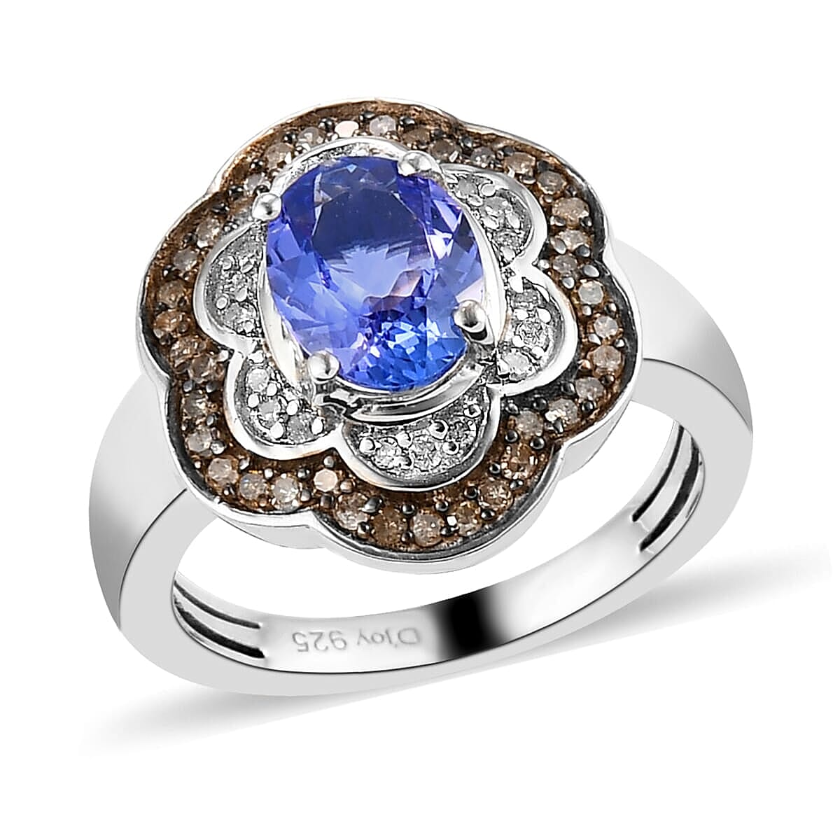 Tanzanite, Natural Champagne & White Diamond Ring in Platinum Over Sterling Silver (Size 10.0) 1.40 ctw