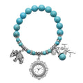 STRADA Blue Howlite Beaded, Austrian Crystal Japanese Movement Stretch Bracelet Watch with Elephant and Fairy Charm in Silvertone (7-7.50 In) 30.00 ctw - Sticky add to cart bar