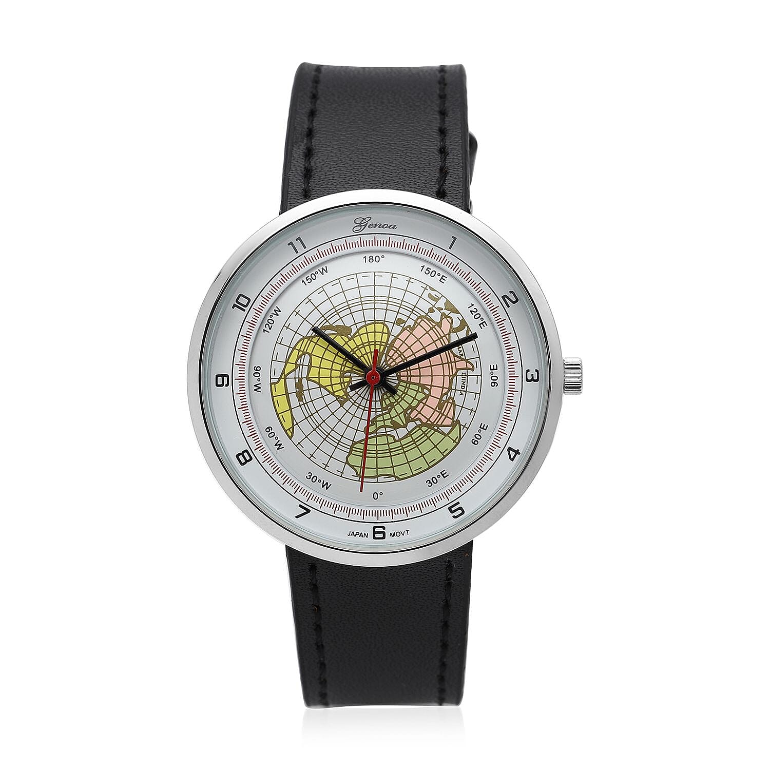 Genoa Miyota Japanese Movement Arched Shape 3D Earth Pattern Dial Watch with Black Leather Strap (40mm) (7.50-8.25Inches)