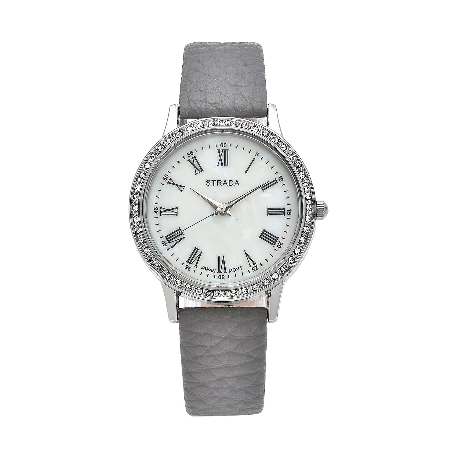 Strada Japanese Movement Simulated MOP Carved Dial Watch With Gray Faux Leather Strap (34mm)