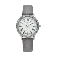 Strada Japanese Movement Simulated MOP Carved Dial Watch With Gray Faux Leather Strap (34mm)