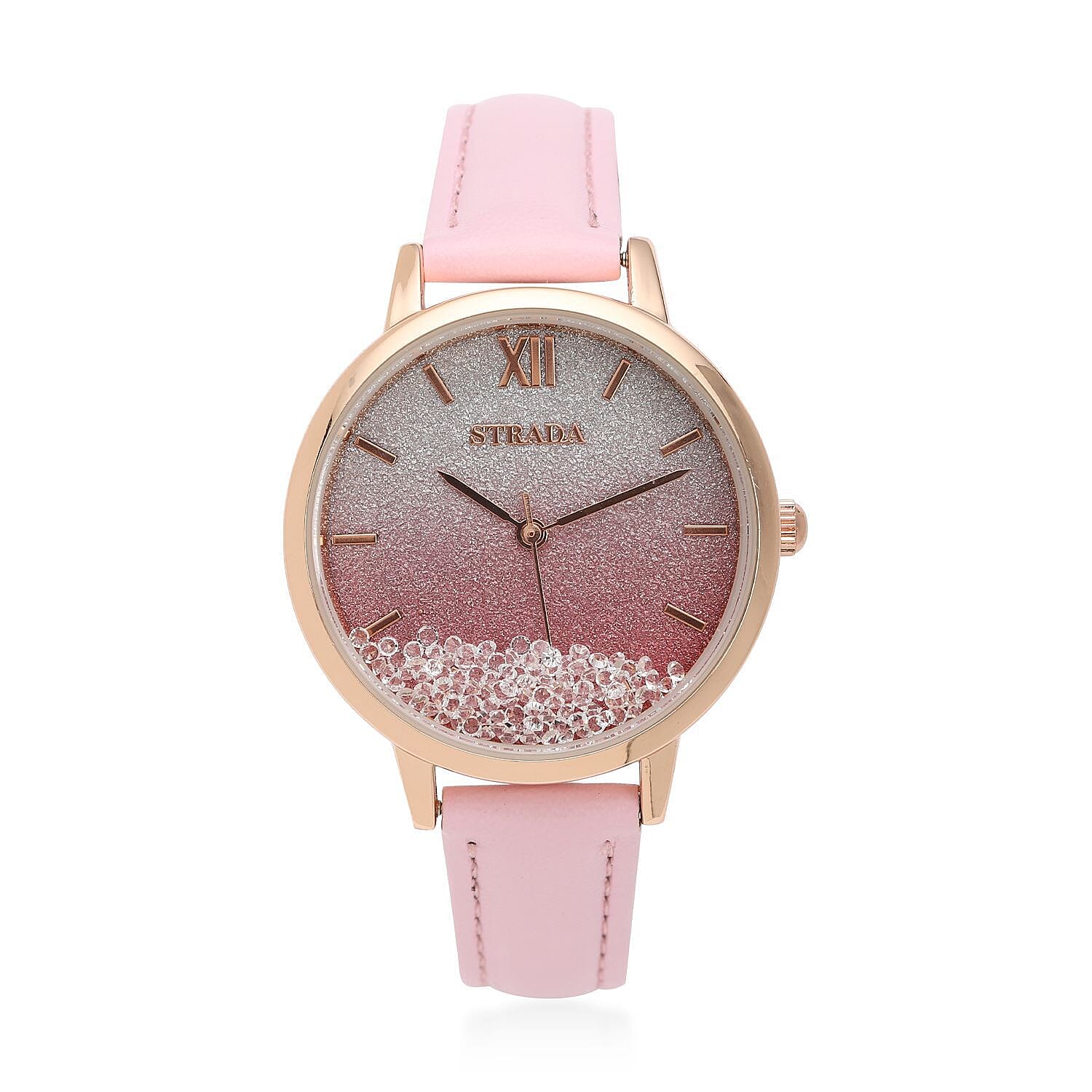 STRADA Austrian Crystal Japanese Movement Stardust Dial Watch in Pink Faux Leather Strap (34mm) 1.20 ctw