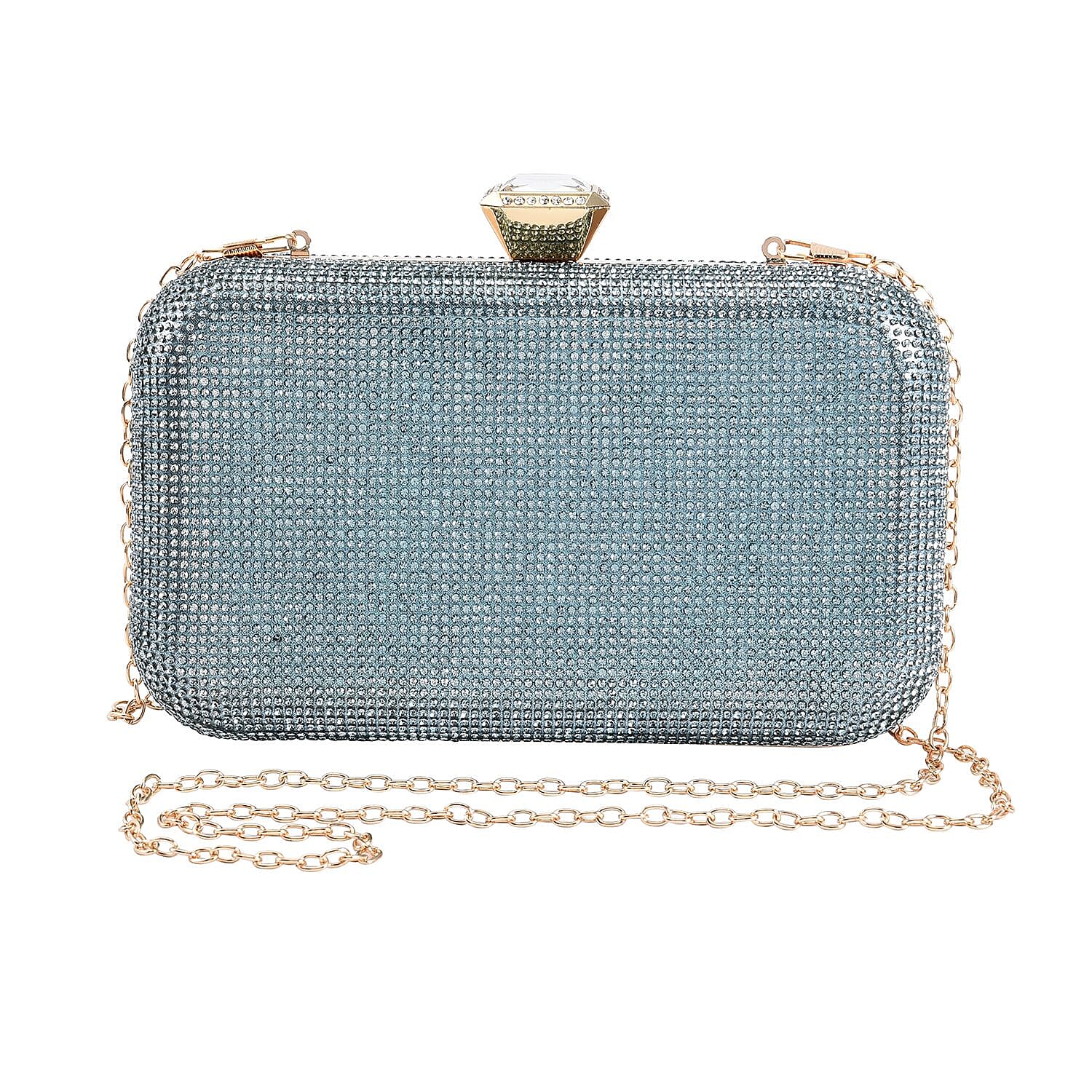 Silver Color Iron and Crystal Clutch Bag (7.87"x1.57"x4.72") with Chain Strap