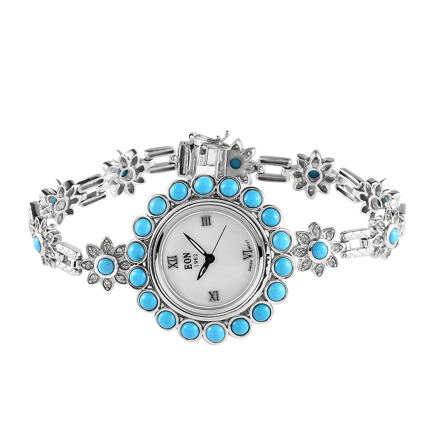 EON 1962 AMERICAN Natural Sleeping Beauty Turquoise and Natural White Zircon Swiss Movement Bracelet Watch in Platinum Over Sterling Silver (Up to 6.50 Inches) 25.20 Grams 8.25 ctw