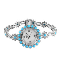 EON 1962 AMERICAN Natural Sleeping Beauty Turquoise and Natural White Zircon Swiss Movement Bracelet Watch in Platinum Over Sterling Silver (Up to 6.50 Inches) 25.20 Grams 8.25 ctw