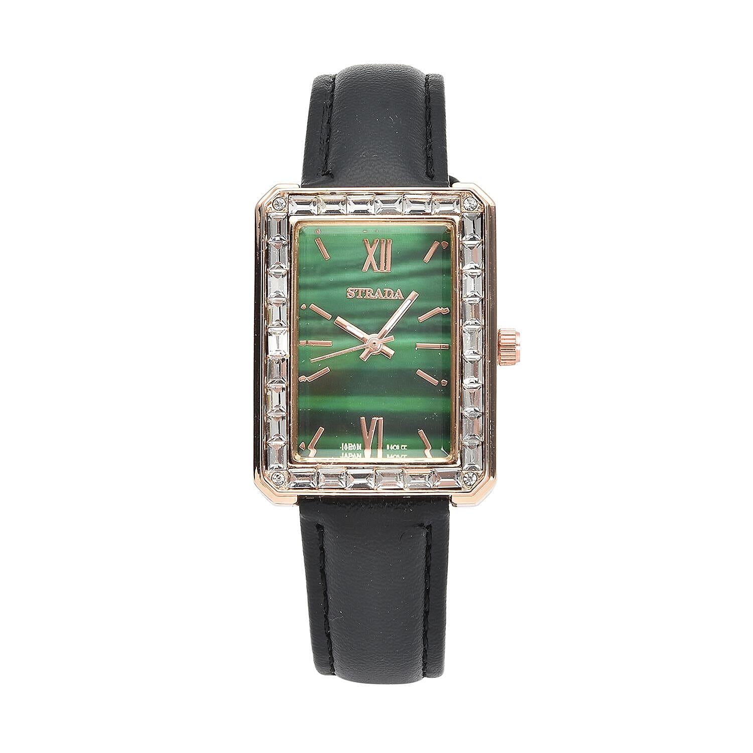 Strada Austrian Crystal Japanese Movement Simulated Malachite Dial Watch with Black Faux Leather Strap (33x26mm) (7.0-8.0Inches)