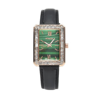 Strada Austrian Crystal Japanese Movement Simulated Malachite Dial Watch with Black Faux Leather Strap (33x26mm) (7.0-8.0Inches)