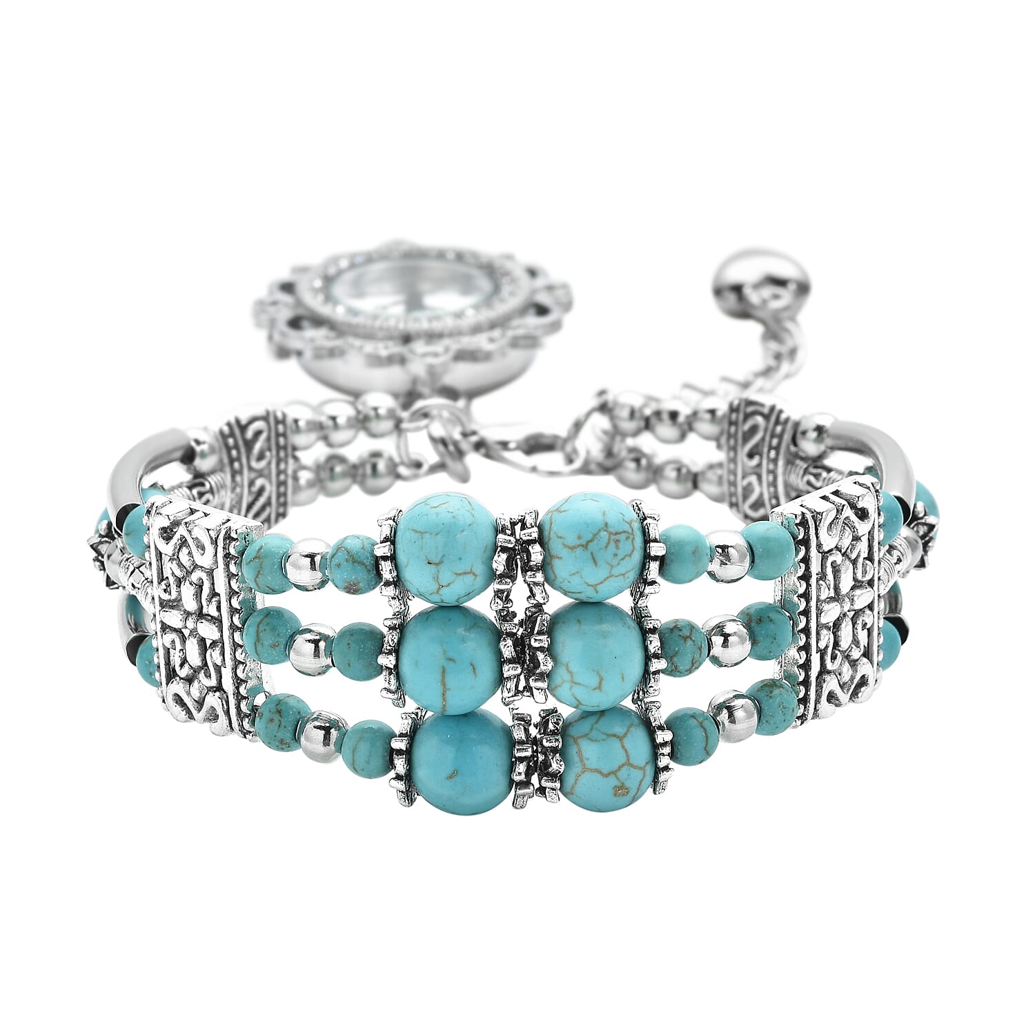 STRADA Blue Howlite Beaded, Austrian Crystal Japanese Movement Bracelet Charm Watch in Silvertone (6.75- 8.25 In) 24.00 ctw