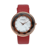 Strada Japanese Movement Simulated MOP Carved Dial Watch With Black Faux Leather (39.8mm)