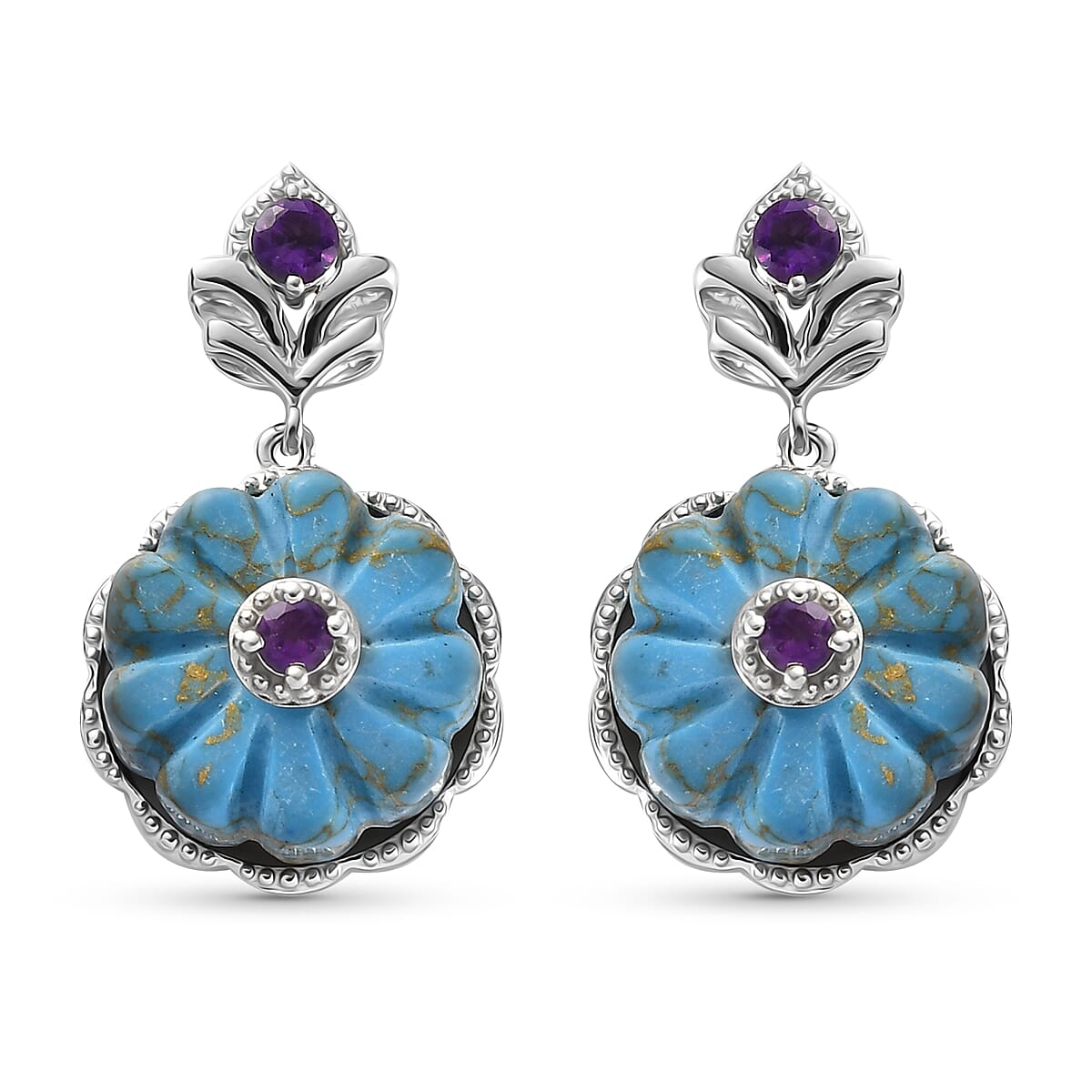 Mojave Blue Turquoise and Amethyst Floral Earrings in Platinum Over Sterling Silver 21.15 ctw