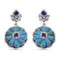 Mojave Blue Turquoise and Amethyst Floral Earrings in Platinum Over Sterling Silver 21.15 ctw - Sticky add to cart bar