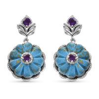 Mojave Blue Turquoise and Amethyst Floral Earrings in Platinum Over Sterling Silver 21.15 ctw