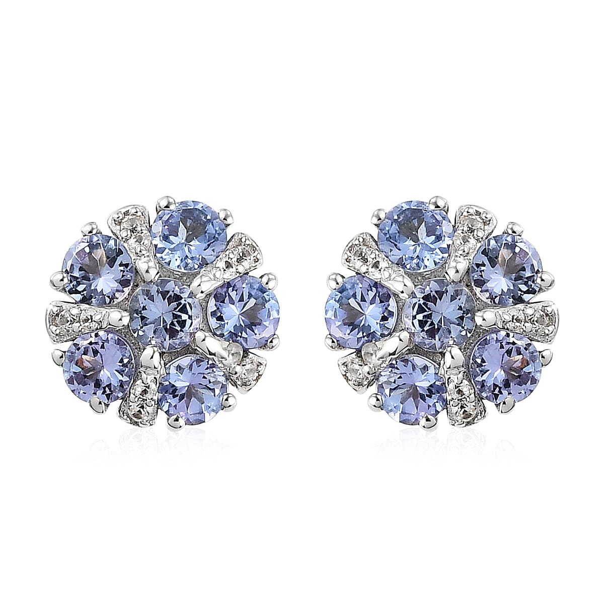 Tanzanite and Natural White Zircon Flower Stud Earrings in Platinum Over Sterling Silver 1.25 ctw