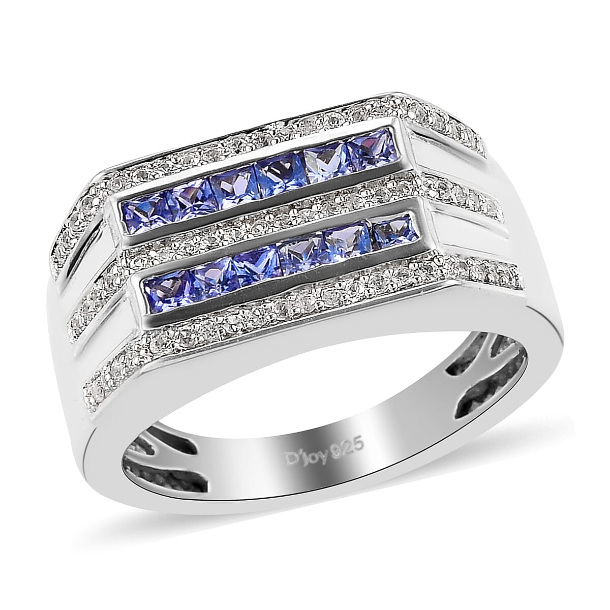 Tanzanite and White Zircon Men's Ring in Platinum Over Sterling Silver (Size 10.0) 1.10 ctw