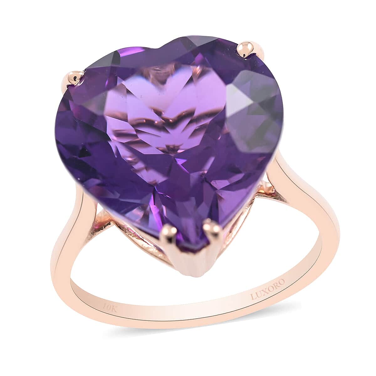 LUXORO 10K Rose Gold AAA Lusaka Amethyst Solitaire Heart Ring 2.50 Grams 8.50 ctw