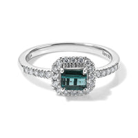 D'Joy AAAA Monte Belo Indicolite, Moissanite Classic Halo Elegance Ring in Rhodium Over Sterling Silver (Size 9.0) 0.80 ctw