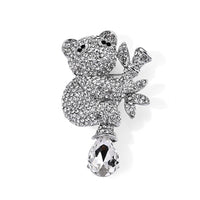 Austrian White and Black Crystal Cat Brooch in Silvertone