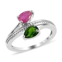 Niassa Ruby and Natural Chrome Diopside Ring in Platinum Over Sterling Silver (Size 5.0) 1.30 ctw