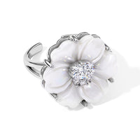 Simulated Diamond and White Shell Pearl Floral Ring in Silvertone (Size 7-9)