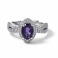 African Amethyst and Simulated Diamond 1.90 ctw Ring in Silvertone (Adjustable)