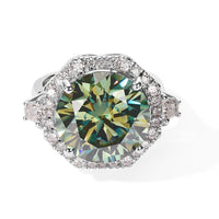 Certified and Appraised D''Joy Mint Green and White Moissanite (Rnd 14mm) Ring in Rhodium Over Sterling Silver (Size 6.0) 10.60 ctw