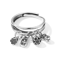 Lotus and Fortune Charm Ring in Silvertone (Adjustable)