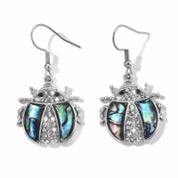 Abalone Shell, Austrian Black and White Crystal Dangling Earrings in Silvertone