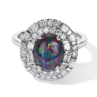 Certified and Appraised D''Joy Premium Australian Black Ridge Opal Triplet, Moissanite Ring in Rhodium Over Sterling Silver (Size 6.0) 2.58 ctw