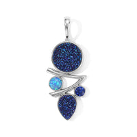 Sajen Silver Flat Blue Sapphire Drusy Quartz, Multi Gemstone Pendant Without Chain in Rhodium Over Sterling Silver 6.90 ctw