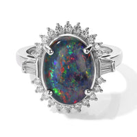 D''Joy Premium Australian Black Ridge Opal Triplet, Moissanite Celestial Sovereign Ring in Rhodium Over Sterling Silver (Size 10.0) 3.75 ctw