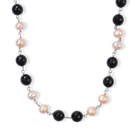 GCS Freshwater Pearl and Black Agate 55.90 ctw Beaded Necklace (18 Inches) in Platinum Bond
