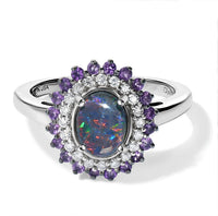D''Joy Premium Australian Black Ridge Opal Triplet, Multi Gemstone Celestial Splendor Ring in Rhodium Over Sterling Silver (Size 10.0) (Ships in 10-12 Days) 1.40 ctw