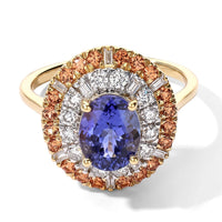 Luxuriant 10K Yellow Gold AAA Tanzanite , Padparadscha Sapphire , Lab Grown Diamond GH, SI Main Stone With Surrounding Stone Ring , Gold Wt. 3 g 3.49 ctw