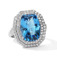 Certified and Appraised D''Joy Premium Swiss Blue Topaz, Moissanite Ring in Rhodium Over Sterling Silver (Size 10.0) 12.05 ctw