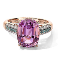 Luxoro 10K Rose Gold AAA Patroke Kunzite (Cush), Paraiba Tourmaline and Diamond (I2) Azure Line Ring (Size 7.0) 6.50 ctw