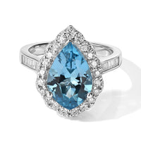 Certified & Appraised D''Joy Leaf Cut Premium Swiss Blue Topaz, Moissanite Ring in Rhodium Over Sterling Silver (Size 10.0) 5.50 ctw
