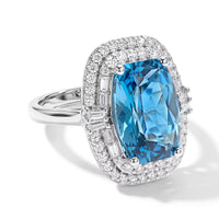 Certified and Appraised D''Joy Premium Swiss Blue Topaz, Moissanite Ring in Rhodium Over Sterling Silver (Size 10.0) 7.40 ctw