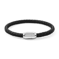 Magnetic Lock Black Leather Bracelet in Silvertone (7.00 Inch)