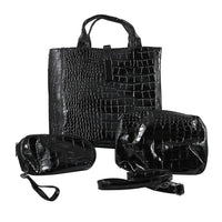 TLV YOUZEY Black Crocodile Embossed Vegan Leather Tote Bag Set (13"x4.5"x8.5")