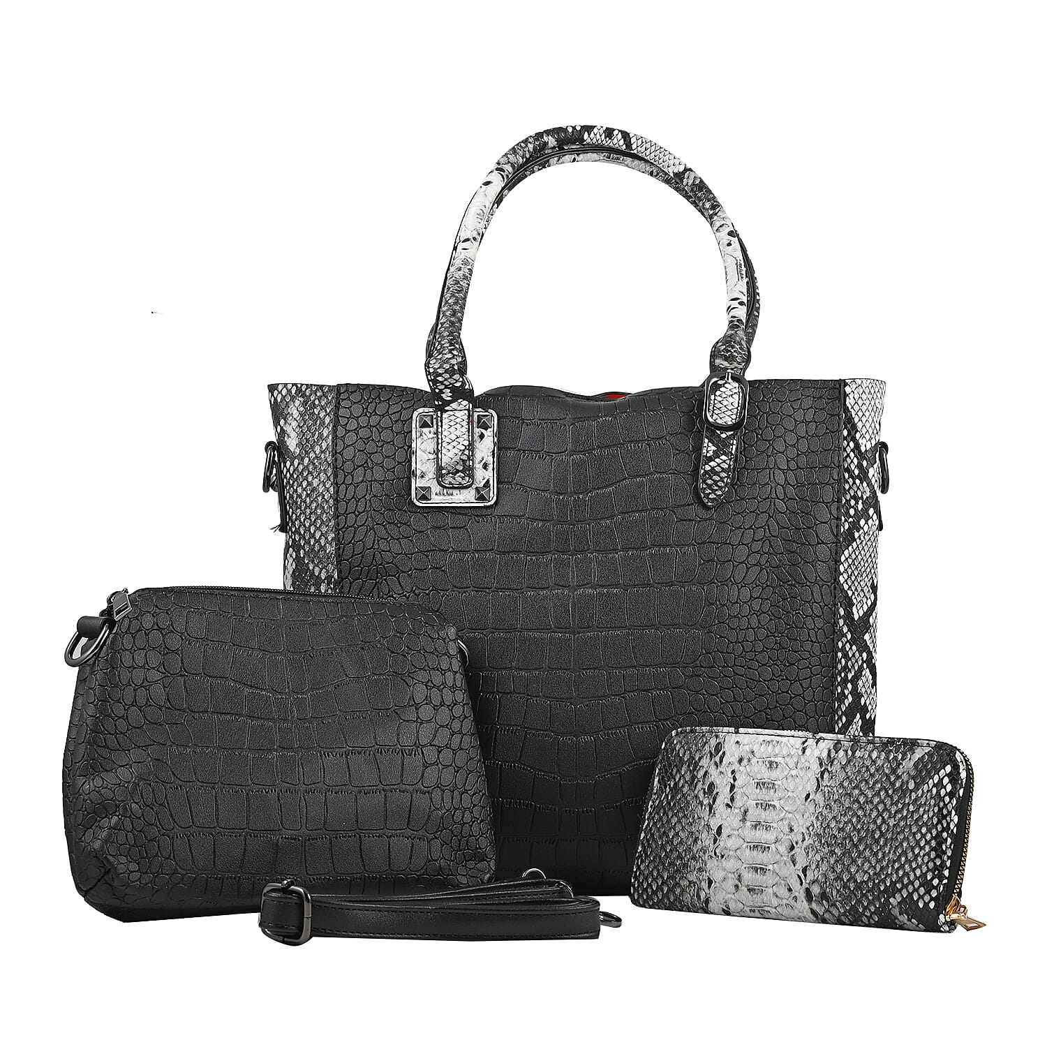 HARPER AND HYPE Designer Closeout Set of 3 Black Croco mix snake Embossed Vegan Leather Tote, Crossbody Bag and Wallet