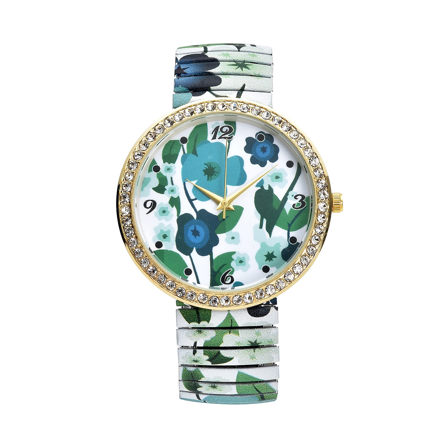 STRADA Austrian Crystal Japanese Movement Blue Flower Pattern Stretch Watch with Stainless Steel Strap