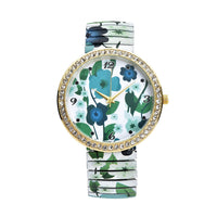 STRADA Austrian Crystal Japanese Movement Blue Flower Pattern Stretch Watch with Stainless Steel Strap