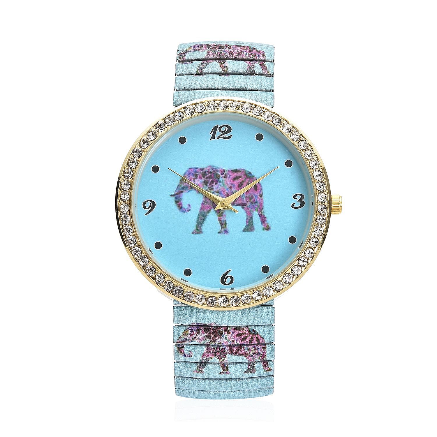 STRADA Austrian Crystal Japanese Movement Elephant Print Watch in Stainless Steel Strap (42mm) 0.50 ctw
