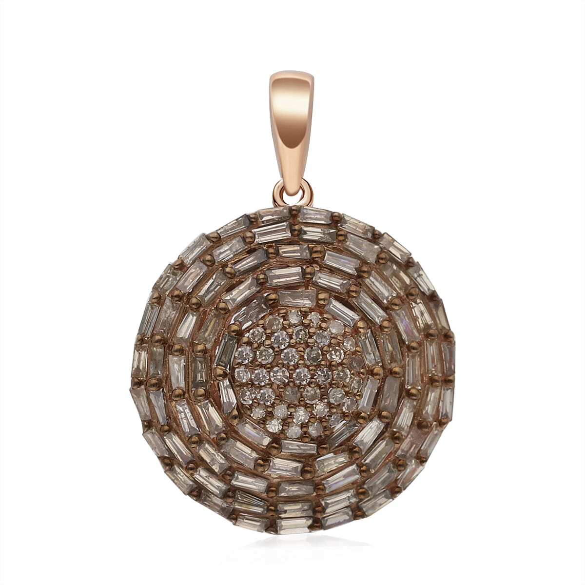 Natural Champagne Diamond Round Pendant in Rhodium & Vermeil Rose Gold Over Sterling Silver 1.00 ctw