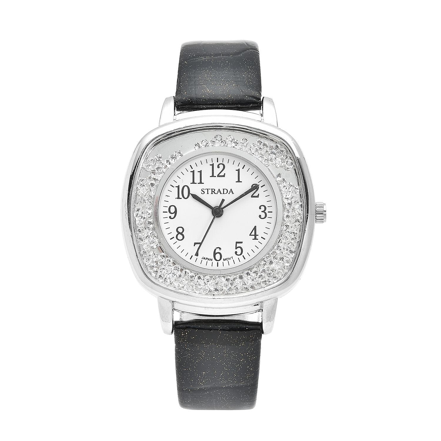 Strada Japanese Movement White Austrian Crystal Watch with Black Faux Leather Strap (36mm) (7.25-8.75 Inches)