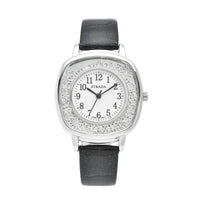 Strada Japanese Movement White Austrian Crystal Watch with Black Faux Leather Strap (36mm) (7.25-8.75 Inches)