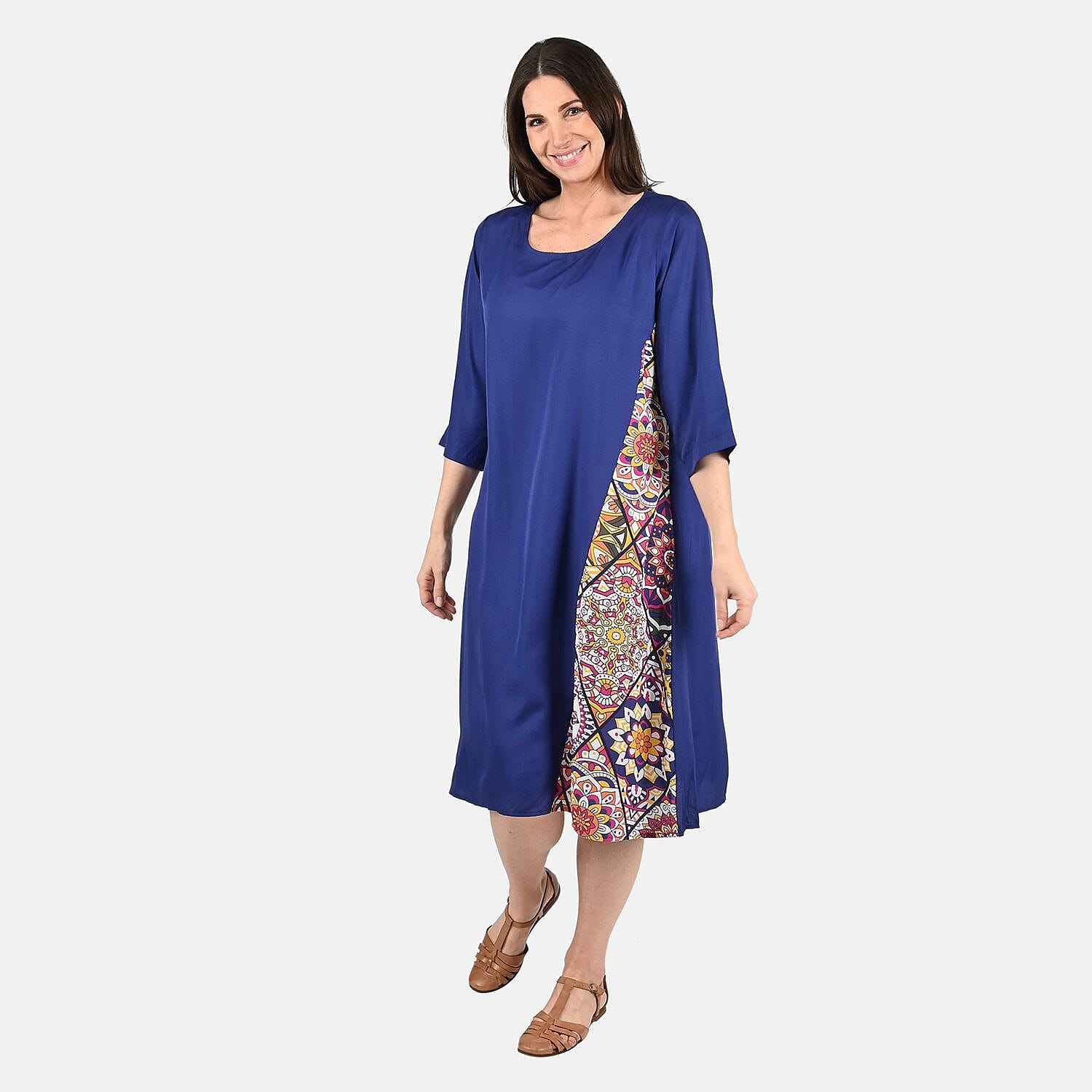 Tamsy Navy Side Patchwork Midi Dress - One Size Missy