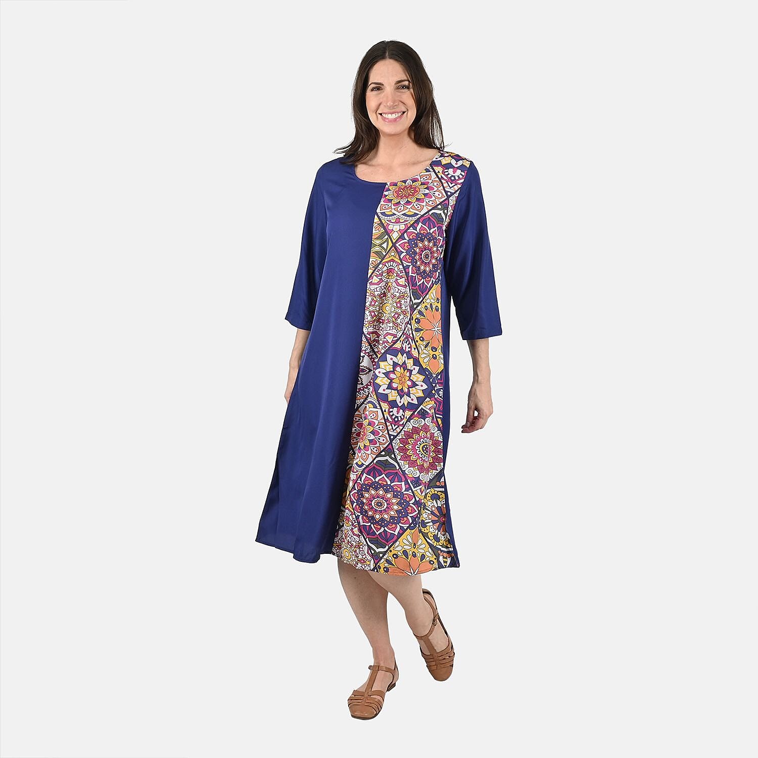 Tamsy Navy Front Patchwork Midi Dress - One Size Missy