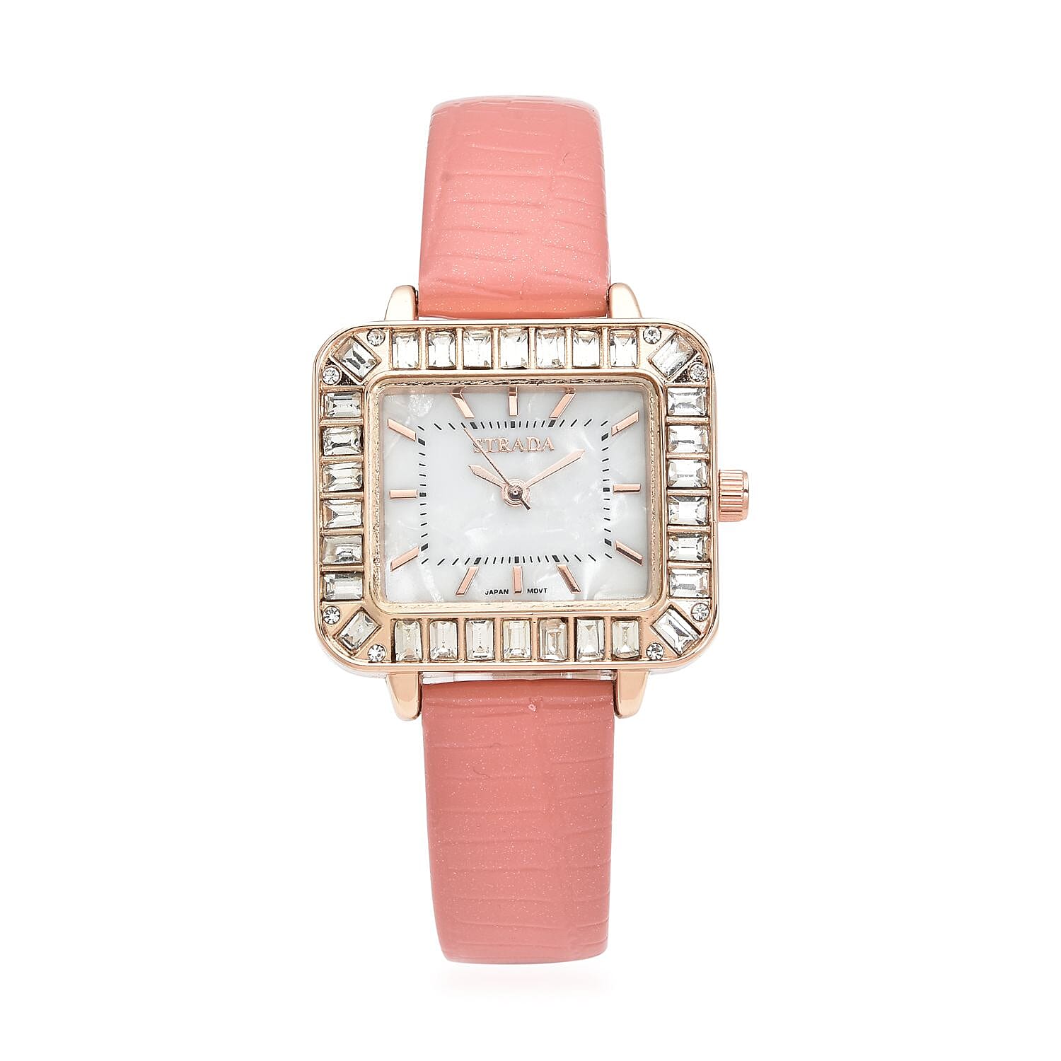 STRADA Austrian Crystal Japanese Movement Square Shaped Dial Watch with Light Pink Faux Leather Strap (30mm) (7.0-8.0 Inch)